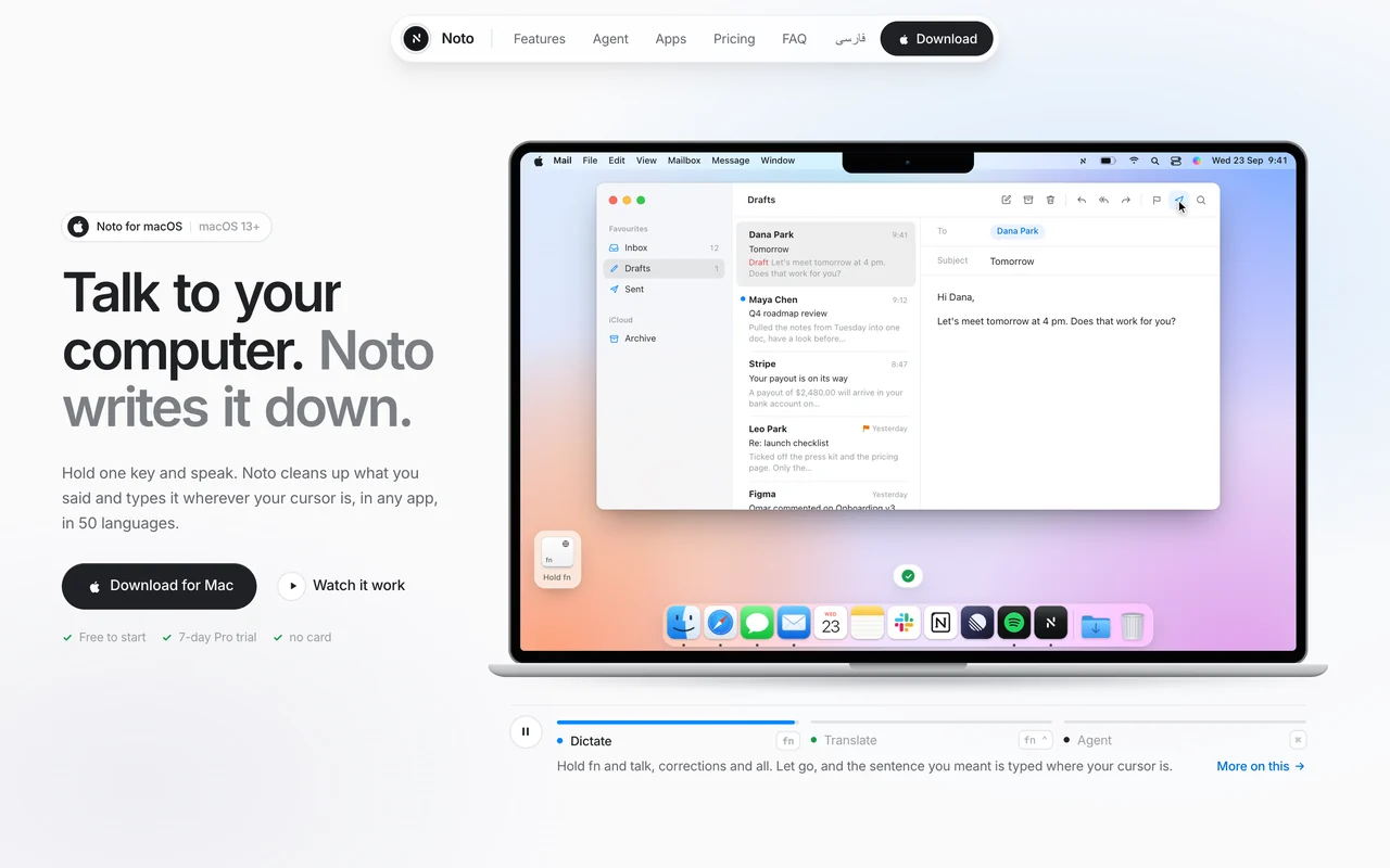 Noto website: Talk to your computer. Noto writes it down.